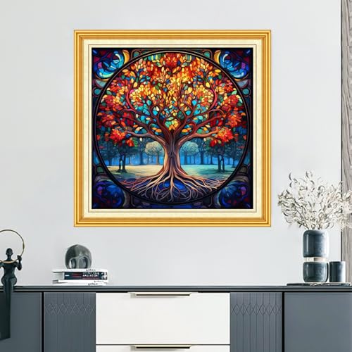 DMCVIVR Stamped Cross Stitch Kits for Beginners Adults Needlepoint Kits for Beginners Embroidery Kits for Adults Crossstitch Kit for Beginners 11CT-Colorful Life Tree 18x18 inch, ArtKits05 - color: ArtKits05
