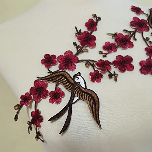 1pair Quince Sakura Flower Embroidery Iron On Applique Patches (Dark Red H) - color: Dark Red H