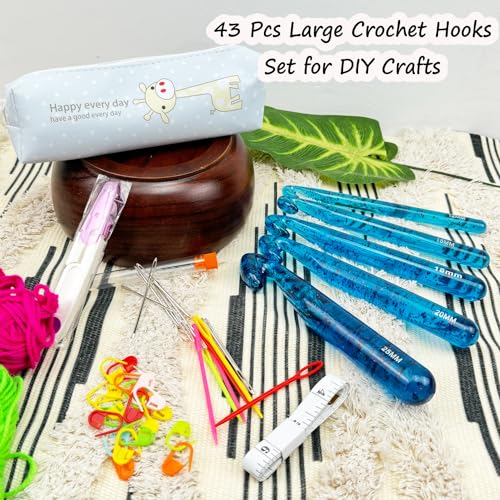 43 Pcs Large Crochet Hooks Set,12mm 15mm 18mm 20mm 25mm Large Crochet Hooks for Chunky Yarn,Plastic Crystal Smooth Big Crochet Needles for Handmade DIY Crochet with Storage Bag - color: Blue