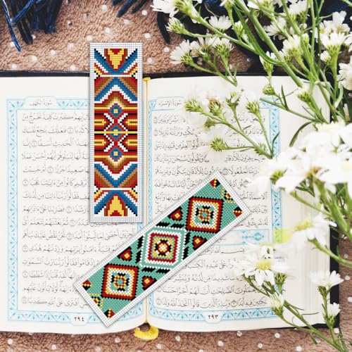 BEUNITONE Cross Stitch Bookmarks Kit 6 Pcs Geometric Pattern DIY Bookmarks Cross Stitch Kits for Beginners Boho Floral Fabric Bookmark Kit Traditional Decorative Counted Knitting Kit 8''x2.4'' - style: Indian Floral Pattern