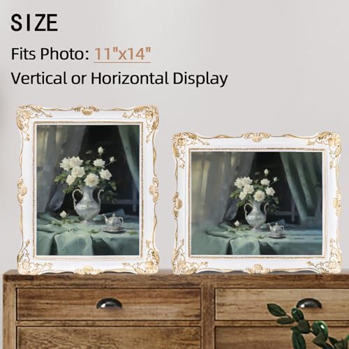 Saysmile Vintage 11x14 Picture Frame White, Textured Antique Picture Frames with Embossed Flower Design, Ornate Frame for 11x14 Photo, Resin Antique Frames Tabletop & Wall Hanging, Home Decor - color: White, size: 11x14