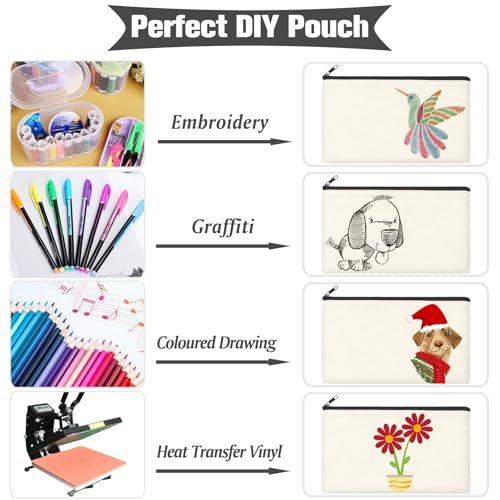ZeeDix Small Canvas Zipper Pouch for Makeup Pencil Travel Storage 8.3x5 In - color: Beige, style: 8 Pcs