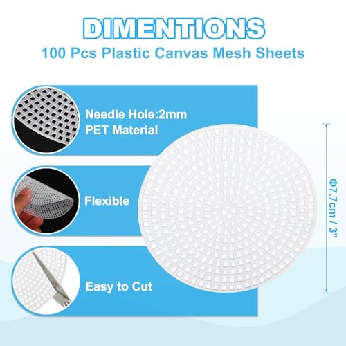 PATIKIL 3" Round Circle Plastic Canvas Mesh Sheets, 100 Pcs Eye Mesh for Embroidery 2mm Holes with Needlepoint Blank for DIY Crafting Wreathing Coasters Card Holder - size: 3"