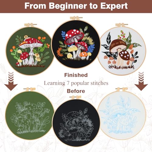 RidaaFri Embroidery Kit for Beginners, 3 Pk Stamped Mushroom DIY Craft