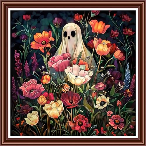 Dimensean Counted Cross Stitch Kit for Beginners, 11CT Unprinted Cross-Stitch Kit Easy Patterns Needlepoint Kit Cross Stitching Embroidery Kit Supplies-Ghost Flowers 18x18 inch - color: ColornNEW11