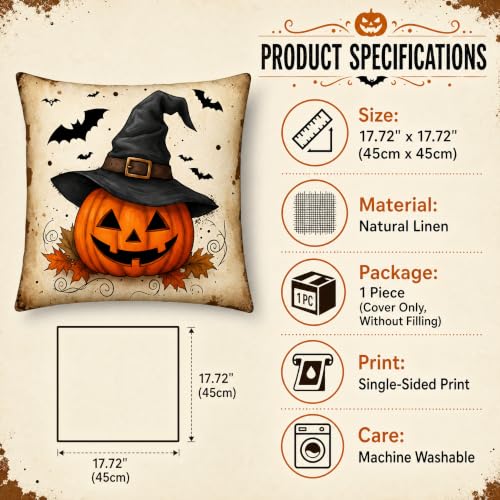 Halloween Witch Hat Pumpkin Bat Linen Pillow Cover 18x18 for Sofa - color: Pa10062, size: 18" x 18" (Pack of 1)