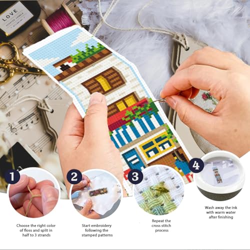 INFUNLY 6 Set DIY Cross Stitch Bookmark Kit Building House Cross Stitch Kits 8"x2.4" Pre-Printed Architectural Stamped Embroidery Bookmark Kit with Instructions for Beginners Book Lovers Adults Gift - style: 6pcs Building House
