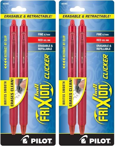 Pilot FriXion Clicker Erasable, Refillable & Retractable Gel Ink Pens, Fine Point, Red Ink, 4-Pack (31462) - color: Red Ink, size: 2 Count (Pack of 2), style: Fine Point