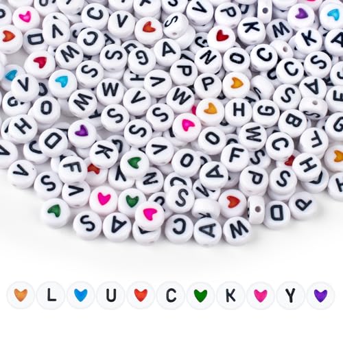 1000PCS Letter Beads, White Alphabet Beads and Colorful Heart Beads - color: W+heart