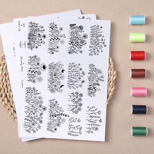 Flower Water Soluble Embroidery Patterns, 4 Sheets 50 Pcs Stick and Stitch Embroidery Papers Wash Away, Pre-Printed Floral Birthday Pattern Transfers for Hand Sewing Lovers Beginners Customized Gifts - size: Floral Birthday