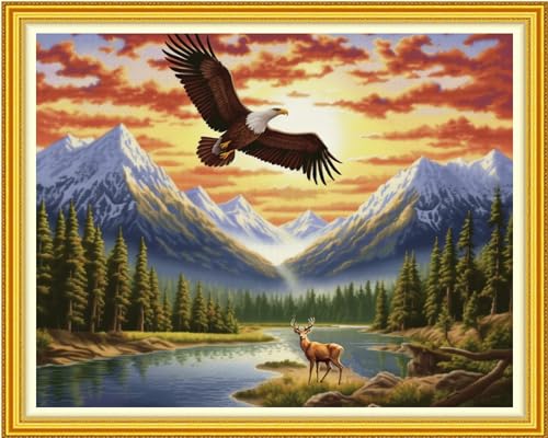 DMCVIVR Stamped Cross Stitch Kits for Beginners Adults Needlepoint Kits for Beginners Embroidery Kits for Adults Crossstitch Kit for Beginners 11CT- Sunrise Eagle 16x20 inch - color: ArtKits23