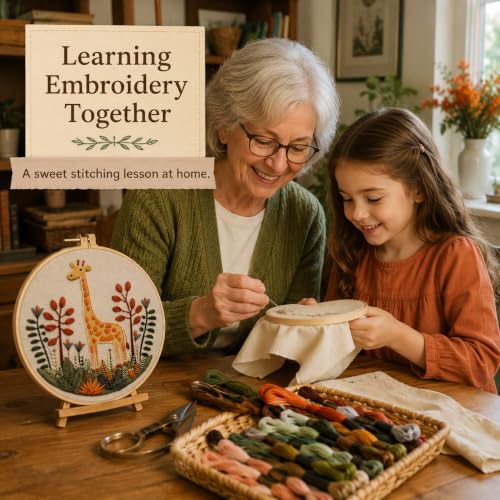 MULTIONS 4 Sets Embriodery Kit for Adult,Giraffe Embriodery Practice Kit for Beginners with Easy Pattern Hand Crafts,Hoop,Needle - color: Giraffe