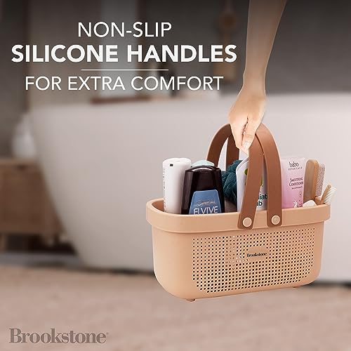 Brookstone Modern Large Portable Shower Caddy with Soft Silicone Carrying Handle, Bathroom Organizer Basket, Plastic Bath Tote and Shower Organizer, Quick Dry Drainage Holes, BPA Free, Blush - color: Blush / Beige