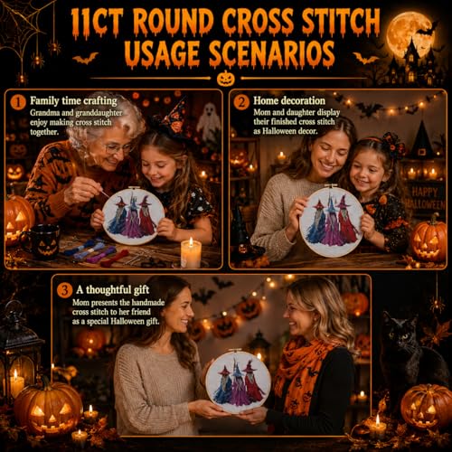 VIGEGU Witch Stamped Cross Stitch Kits for Adults Beginners with Hoop Frame - color: Witch Cross Stitch with Framed