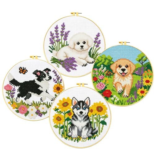 Zhenqing 4 Dog Breeds Cross Stitch Kit for Beginners, 11CT Printed 24x24cm with Hoop, Border Collie Bichon Golden Retriever Husky Designs in Flower Gardens(70860)