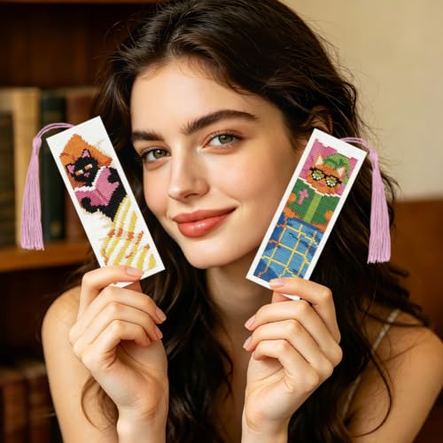 ACRNIGHEET 6PCS Cross Stitch Bookmark Kit for Beginner Stamped Cross Stitch Kits for Adults Cute Reading Cat DIY Tassel Embroidery Bookmark Kits Needlepoint Kit with Instructions Gift 8.5''x3'' 11CT - style: Reading Cat with Tassel