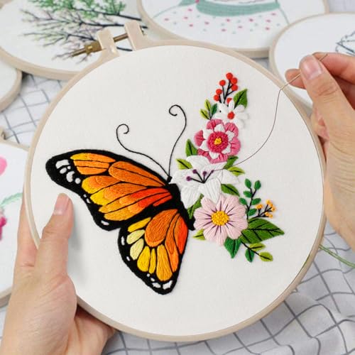 Louise Maelys Embroidery Kit Canvas Tote Bag for Beginners with Butterfly - color: butterfly flower