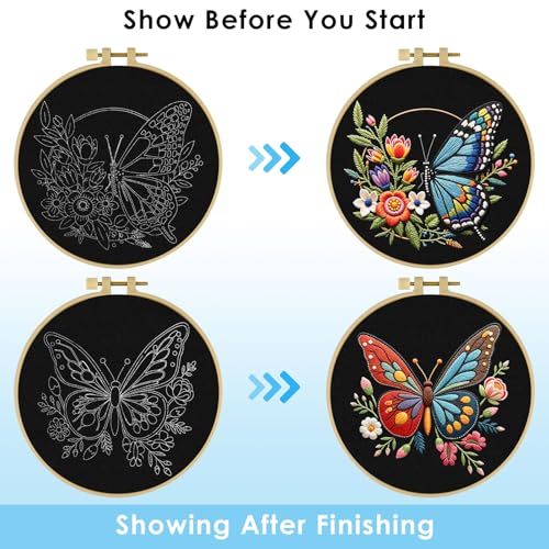 ERKOON Embroidery Kit for Beginners, 2 Set Flower Cross Stitch Set Include Embroidery Cloth Hoops Threads for Craft Lover Hand Stitch with Embroidery Skill Techniques (Butterfly) - color: Butterfly
