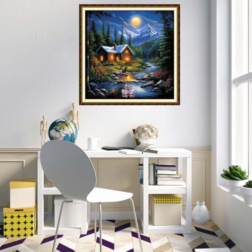 Redxing Counted Cross Stitch Kit for Beginners,Unprinted Needlepoint Kits for Beginners Cross Stitching Embroidery Kit 11CT Stitches kit-Moon Night Home Scenery 18x18 inch - color: KitColors22
