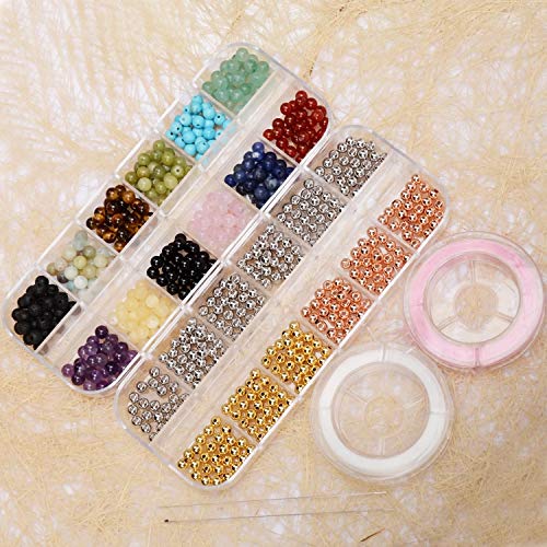 4mm Natural Mixed Materials Gemstones Beads and Brass Tiny Spacer Round Loose Beads Jewelry Making KIT with Thread and Needles 300PCS+300 PCS(12 Natural 3 Brass, 4mm) - color: 12 Natural 3 Brass, size: 4mm