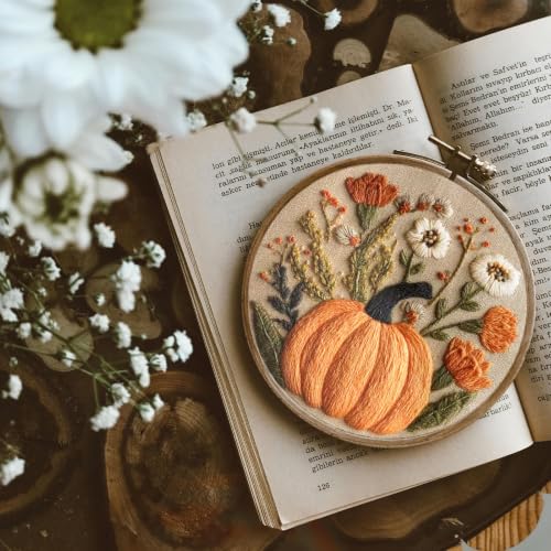 FONNUY Pumpkin Embroidery Kit for Beginners, Pre-Stamped Pattern Kits for Adults with Hoop, Easy to Follow Color Thread Needlework, 8'' Hoop (Flowers) - color: Flowers