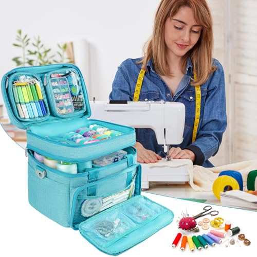 Double Layer Sewing Organizer Bag with Shoulder Strap, Blue - color: Blue