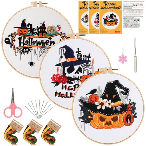 FEIYUENO 3 Pack Halloween Pumpkin Embroidery Kit for Beginner Adults - color: Halloween