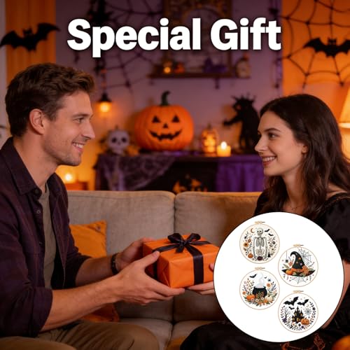 Halloween Embroidery Kit, Skeleton Cross Stitch Kits, 4 Set Craft Kits for Beginners with Pre-Printed Embroidery Fabric, Hoops, Step-by-Step Instructions, Color Threads & Needles (Halloween-4 Set) - color: Halloween-4 Set