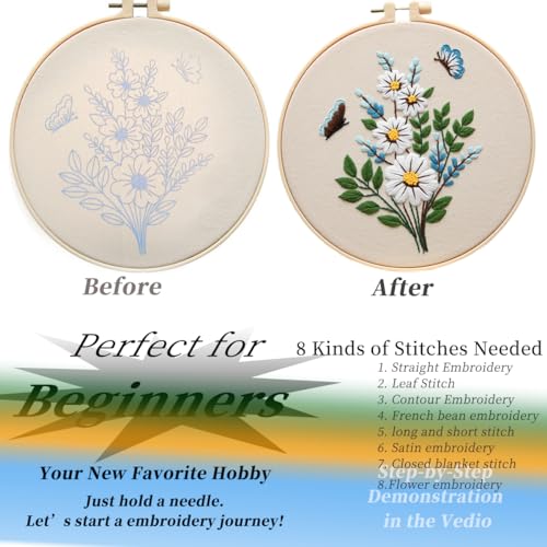 FONNUY Embroidery Kit for Beginners，Plants Flowers Pre-Stamped Pattern Kits for Adults with Hoop, Easy to Follow Needlework (Butterfly Flower) - color: Butterfly Flower
