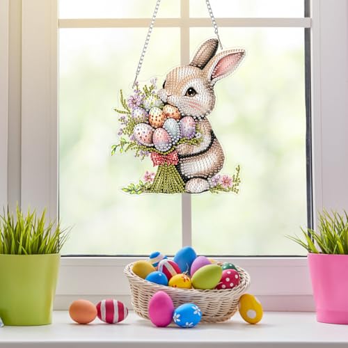 NAIMOER Easter Bunny Diamond Art Hanging Kits for Adults, 5D Special Shaped Rhinestone, DIY Acrylic Spring Diamond Art Painting Window Pendants Home Garden Wall Hanging Ornament Kits, Double Sided - color: Easter 02