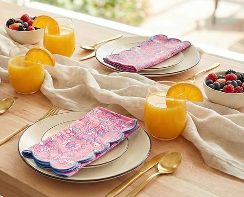 PurpleEssences Scalloped Cloth Napkins 18x18 in - BlushPink Edge Light Blue - color: Blush Pink Edges - Light Blue