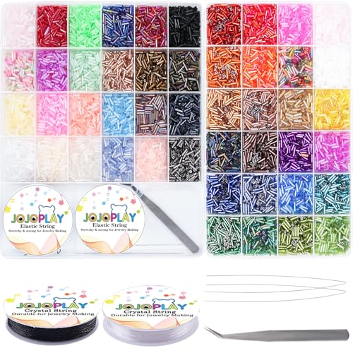 JOJOPLAY Tube Seed Beads Crafts Glass Bugle Beads Embroidery Beads 7mm with Beads Needle Crystal String for Jewelry Embroidery Making (48 Colors)