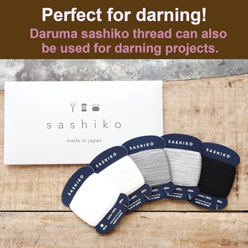 DARUMA Sashiko Thread 100% Cotton Card Type (43.7 yd) x 5 Colors with English Manual, Sewing & Embroidery Value Set with Gift Package(Thin, Yukidoke) - color: Yukidoke, size: Thin