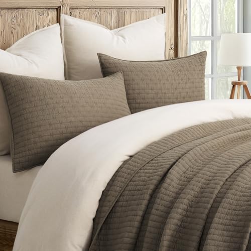 EverGrace 100% Cotton Cross Stitch 3-Piece Quilt Set, Queen, Mocha Brown - color: Mocha Brown, size: Full/Queen (92" X 96")