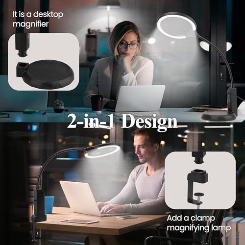Magnifying Lamp with Clamp & Stand, 15X/8X, 5-Color & 10 Lightness Level - color: Dark Black