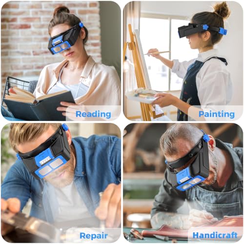 COYLAPY Headband Magnifier with Light, 1.5X-3.5X Hobby Magnifying Glasses - color: Blue