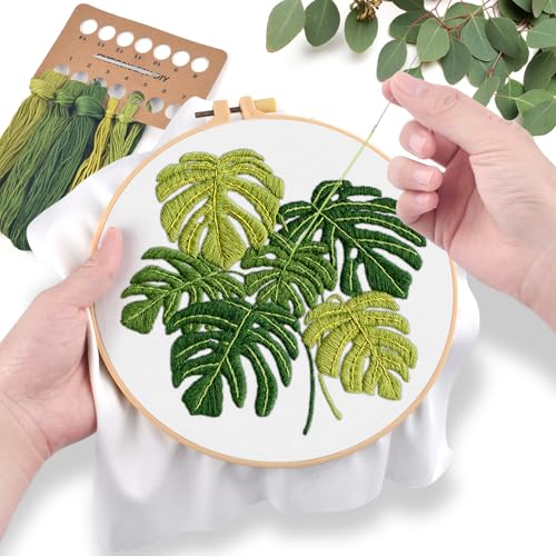 ERKOON Embroidery Kit for Beginners Adult, Cross Stitch Set Include Embroidery Cloth Hoop Threads for Craft Lover Hand Stitch with Embroidery Skill Techniques (Leaf) - color: Leaf