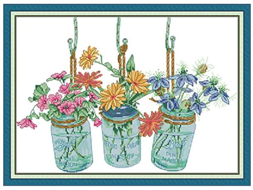 Rosyfoxes Cross Stitch Kits Stamped Full Range of Embroidery Starter Kits for Beginners DIY- Printed Kit Three Vase of Flowers 1(Printed) 11CT 3 Strands 20.9x15.4 inches - color: Three Vase of Flowers 1 53×39cm