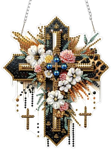 ZeeLionArt Hanging Diamonds Art kit for Adult,Cross Flowers Pendant Diamonds Painting Art Kit,6.2x7.6inch Acrylic Diamonds Painting Board Kit Ornament, Special Crystal Diamond Hanging Ornament - color: DP02452