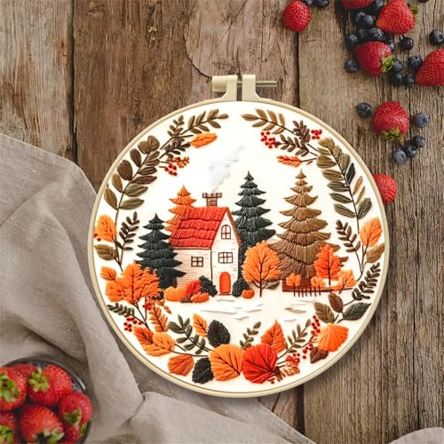 Huacan Embroidery Kit for Beginners Adults Includes Stamped Flower Pattern, Hoop, Color Threads,Tools,Easy to Follow Instruction (House)