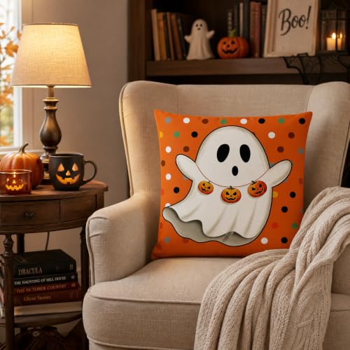 Cute Ghost with Pumpkin Linen Pillow Cover 18x18 Yellow Background - color: Pa10064, size: 18" x 18" (Pack of 1)