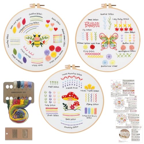 Louise Maelys 3 Pack Embroidery Kit for Beginners Learn Basic Stitches DIY - color: 3 embroidery