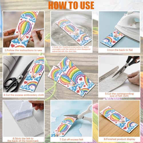 FREEBLOSS 6 Set Cross Stitch Bookmark Kit 11 CT Stamped Cross Stitch Kit DIY Embroidery Bookmark Kits for Adult Beginners with Instructions, Rainbow Pattern, 6 x 20 cm/8" x 2.4" - style: Rainbow Cloud