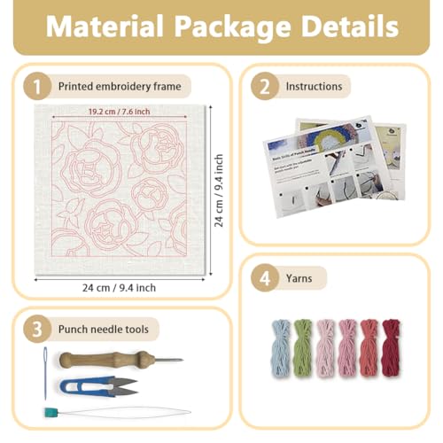 Doodlream Rose Flower DIY Punch Needle Embroidery Kit for Adult Beginner, 9.4" Floral Punch Stitching Craft Set for Starter with Frame, Fabric Pattern, Threader, Yarn, Pinch Needle - color: Rose
