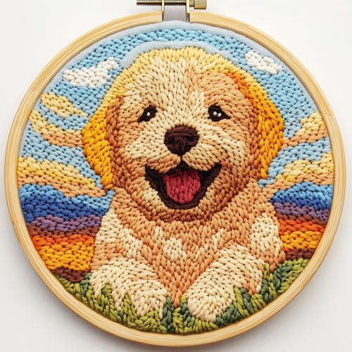 DIY Punch Needle Kits Cute Puppy Golden Retriever Dog with Hoop 20x20cm-1