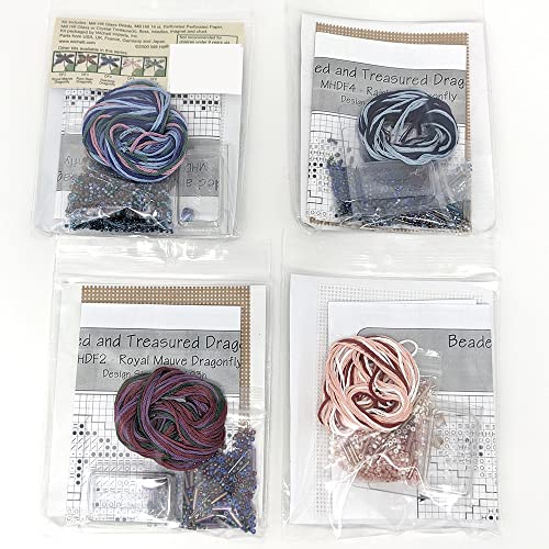 Mill Hill Dragonfly Beaded Counted Cross Stitch Kits, Set of 4 - Mill Hill Spring Ornament Kits 2000 - Plus Decorative 'Needleworker' Sticker