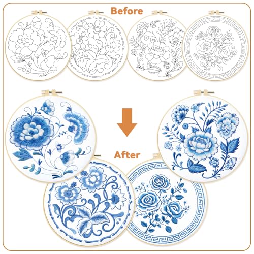 BEUNITONE 4 Set Embroidery Kit for Beginners, Blue Flower Cross Stitch Kits, Needlepoint Kits for Adults with Instructions and Full Kit, Classical Hand Embroidery Patterns for Cloth and Home Decor - style: B-Blue Flower