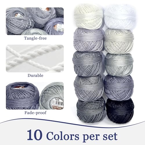 Double Mercerized Egyptian Long Staple Cotton Pearl Thread Ball 10 Grams Rainbow Color Embroidery Thread 10 Colors per Box for Crochet Hardanger Cross Stitch Hand Embroidery,Grey Series - color: grey series