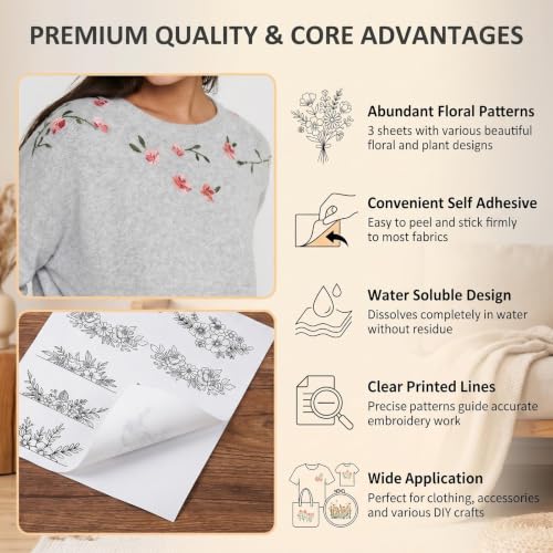 3 Sheets Floral Water Soluble Embroidery Patterns Stabilizers