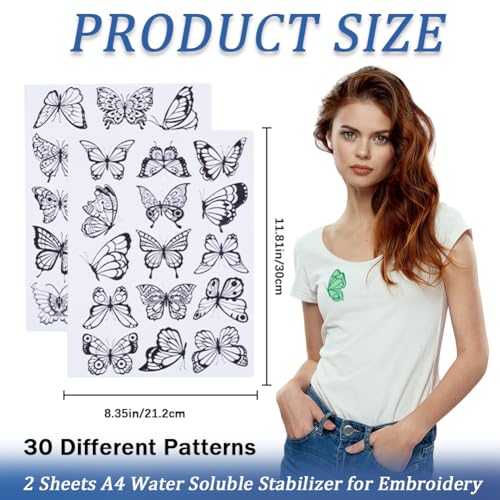 CRASPIRE 2 Sheets Butterfly Water Soluble Embroidery Patterns Stabilizers Butterflies Hand Sewing Stick and Stitch Transfers Fabric Wash Away Pre-Printed Self Adhesive for Bags Cloth Sewing Lovers - style: 2 Sheets Butterfly